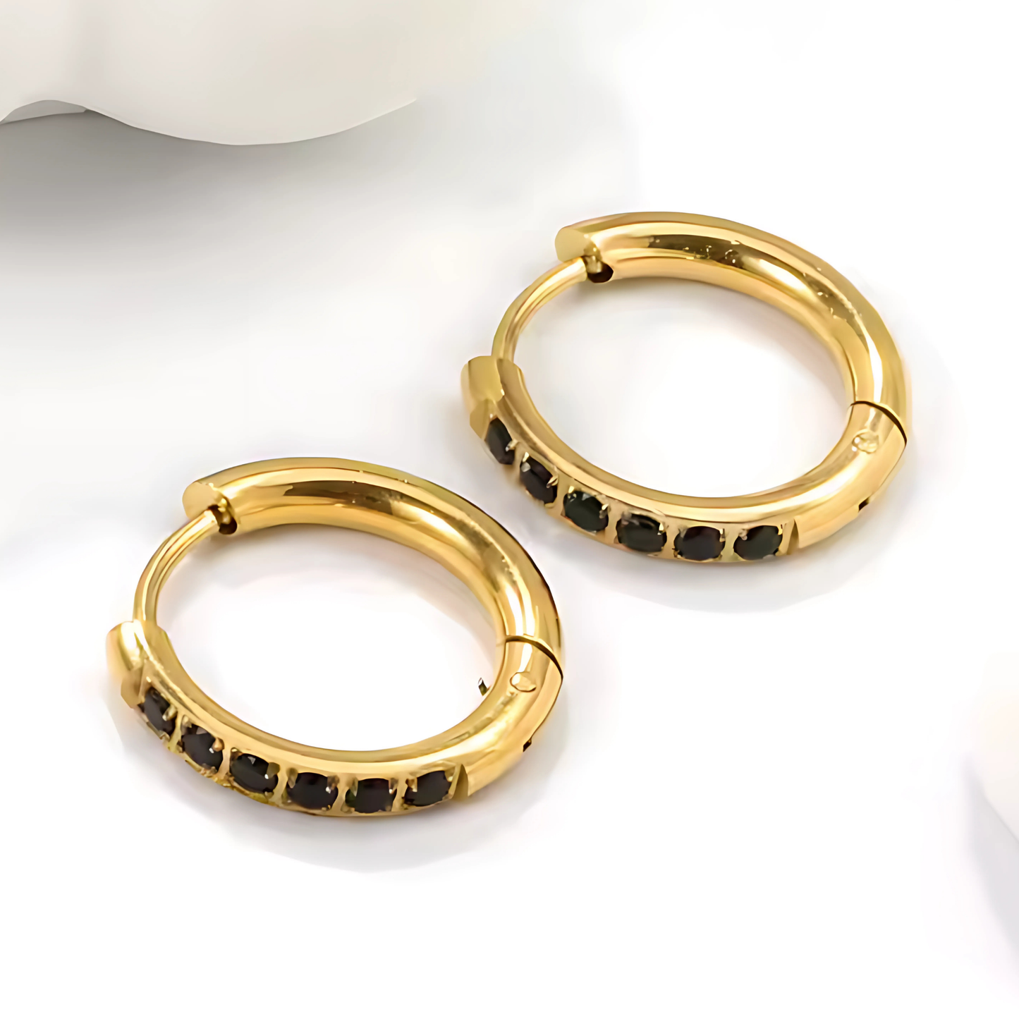 12mm classic black diamond style hoops - Gold