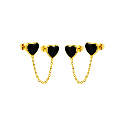 Chained black heart studs - Gold