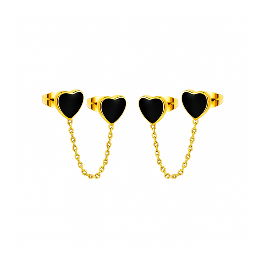 Chained black heart studs - Gold