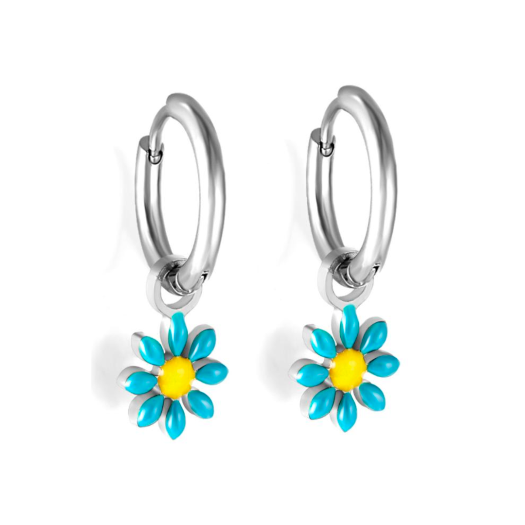 Blue flower charm hoops - Silver - TheEarringCollective