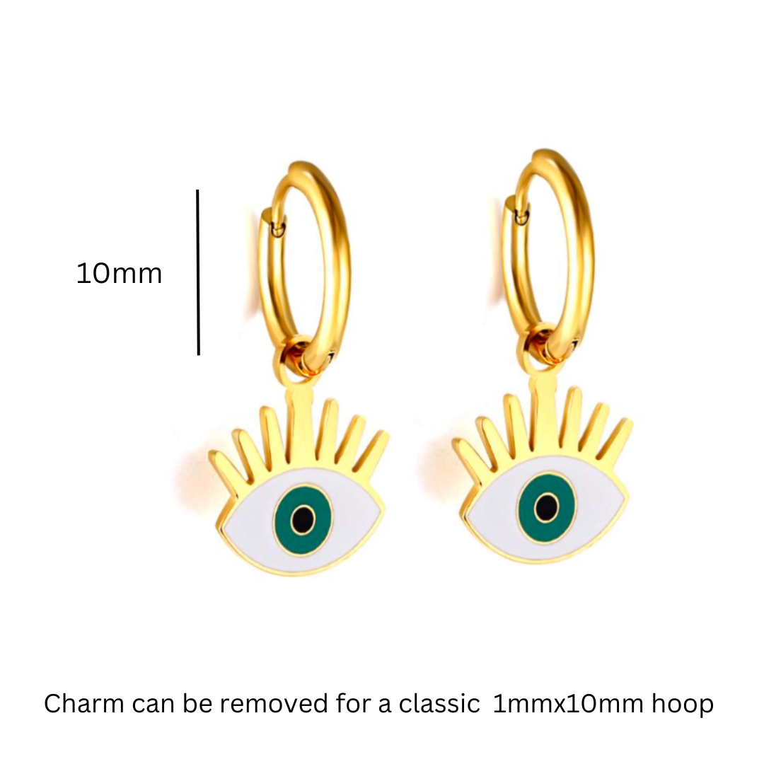 Pretty green eye charm hoops - Gold - TheEarringCollective