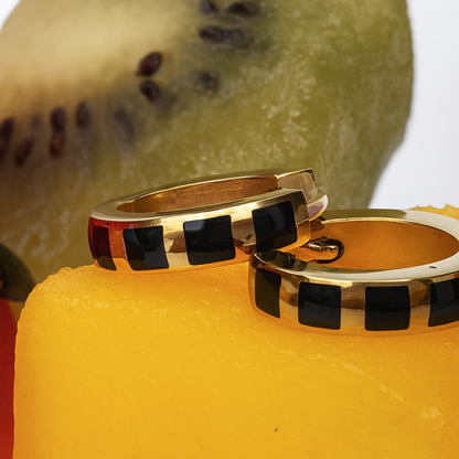 9mm Striped black hoops - Gold