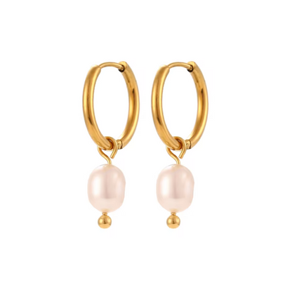 Fresh water drop pearl hoops - Gold