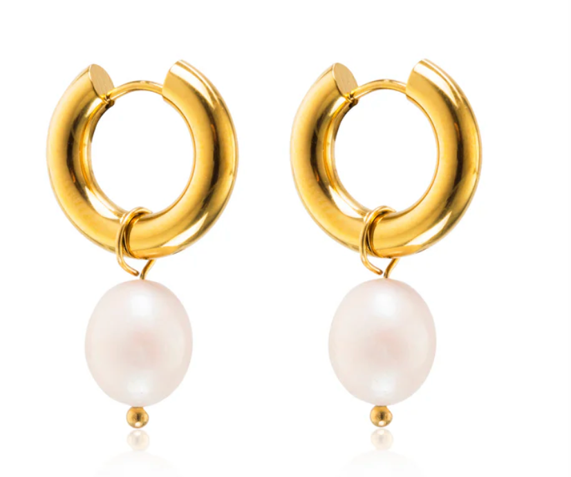 Fresh water chunky drop pearl hoops - Gold