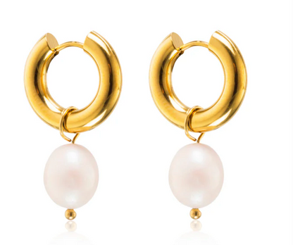 Fresh water chunky drop pearl hoops - Gold