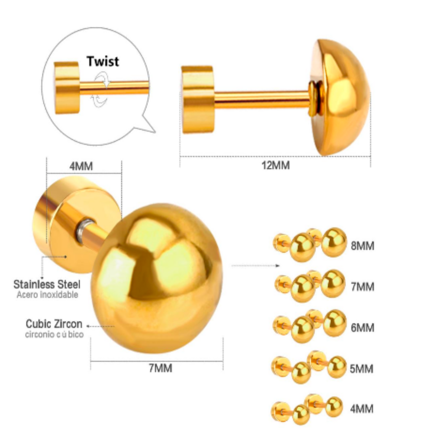 4mm Half ball studs - Gold - TheEarringCollective